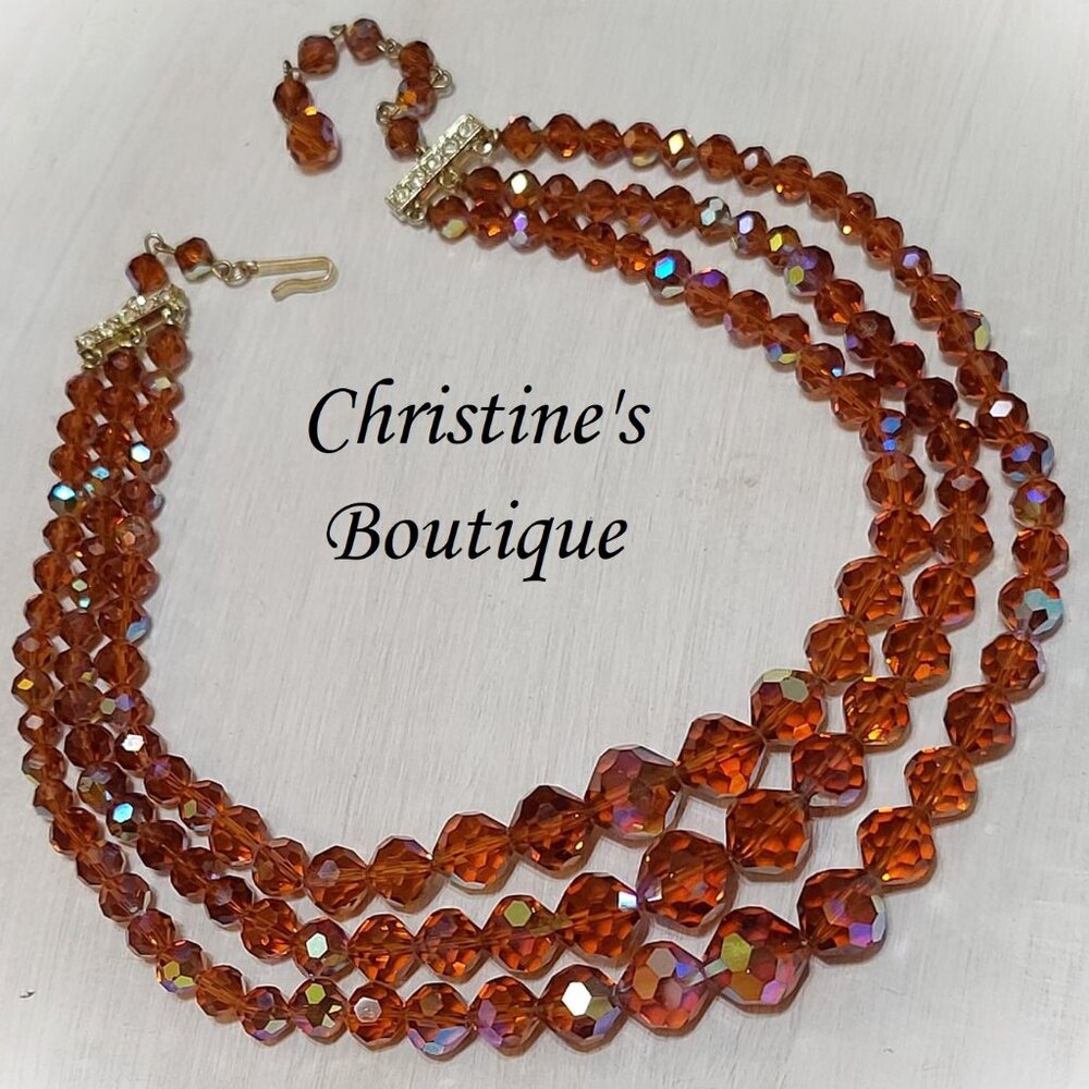 Laguna signed Necklace, topaz crystals 3 row necklace